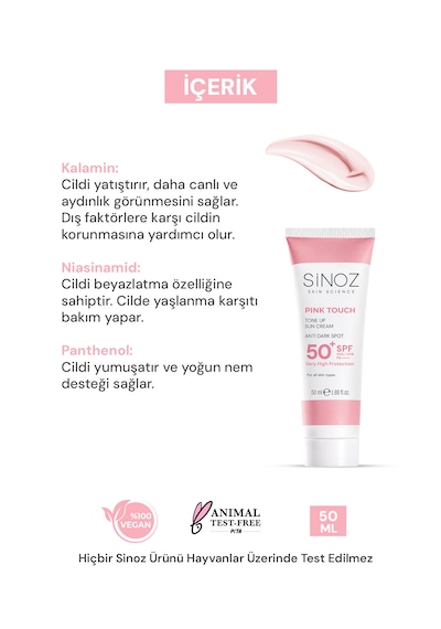 Sinoz Pink Touch Aydınlatıcı ve Ton Eşitleyici Pembe Yüz Güneş Kremi SPF50 50 ML