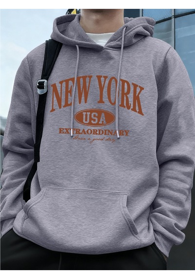 Startmore Startmorenew York Abd Kelimeler Baskılı Erkek Sweatshirtleri Kışlık Oversize Kapüşonlu Üstler Spor Cep Gri