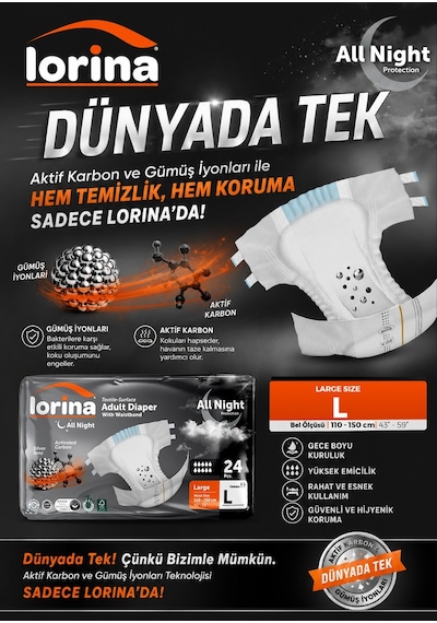 Aktif Karbon & Gümüş İyon Destekli Bel Bantlı Hasta Bezi Large 24 Lü L