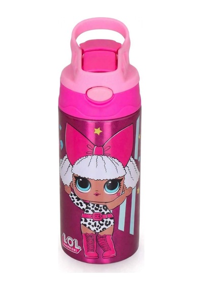 Büyük Gözlü Bebek Baskılı Pipetli Metalik Suluk Pembe
