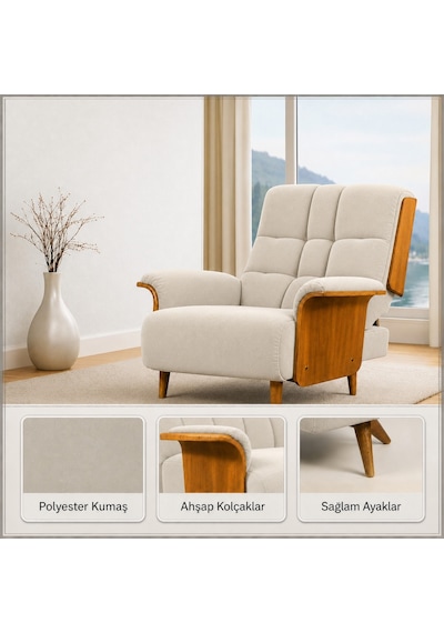Smarto Genova Sabit Ergonomik Ekru Polyester Kumaş Tv Koltuğu Berjer Baba Koltuğu