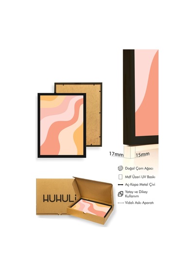Doğal Ahşap Çerçeveli Soyut Dalga Desenli Tablo - Pastel Tonlar Huhu2756