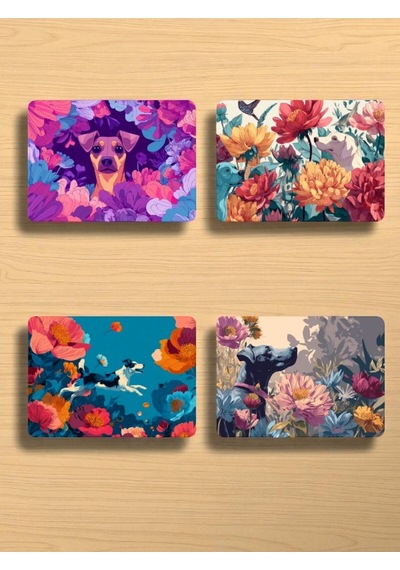 Köpek Ve Çiçek Baskılı Mousepad 4'lü Mouse Pad Seti 17x21 Cm