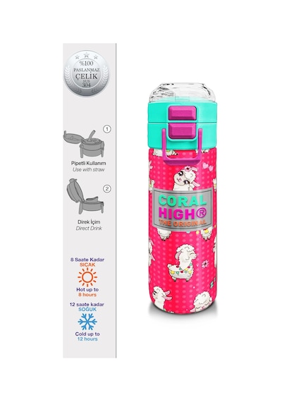 Coral High Kids Neon Mercan Suyeşili Alpaka Desenli Pipetli Ve Direkt İçim Çelik Termos 500 Ml 31914 Neon Mercan