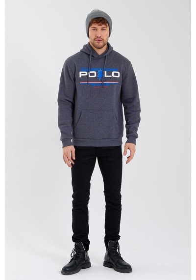 Polostate Erkek Kapüşonlu Baskılı 3 İplik Sweatshirt Antrasit