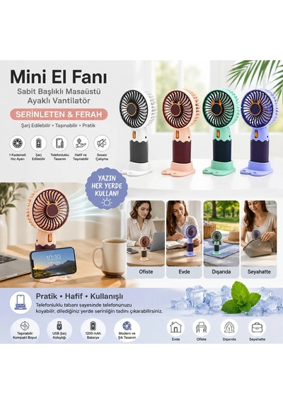 Usb Şarjlı Mini El Fanı Çap:8.4 - Y:16cm Sabit Başlık 3-kademe Hızt Elefonluklu Masaüstü Ayak Vantilatör 5580
