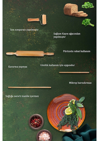 Zümrüt Ser Ahşap Dönerli Hamur Açma Oklavası Merdanesi Rulosu 4lü