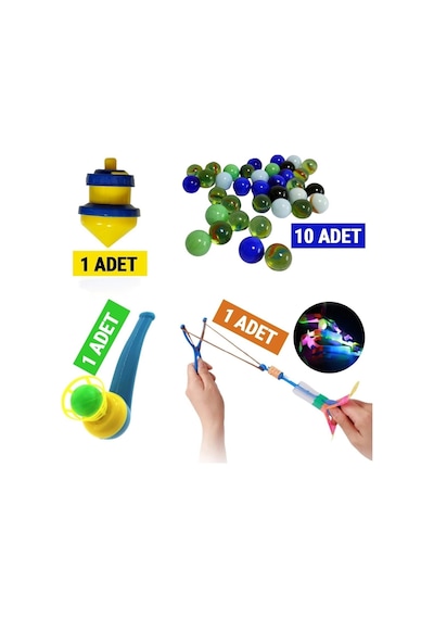 Nostalji Eğitici Oyuncaklar -10 Misket -1 Plastik Topaç -1 Saksafon Üflemeli Top-1 Adet Işıklı Sapan