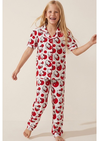 Siyah İnci Hello Kitty Lisanslı %100 Pamuk Pembe Çok Renkli Düğmeli Biyeli Pijama Takım 26120451 Beyaz