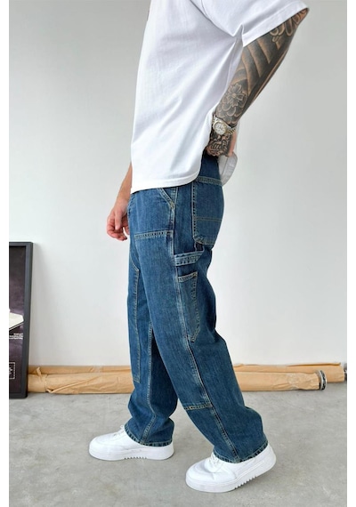 Eskitme Mavi Patch Tasarım Detaylı Ekstra Bol Baggy Pantolon