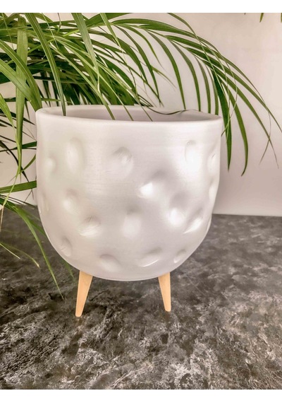 Bitki Tasarım Beyaz Desenli Toprak Saksı 3 Ayaklı 19 Cm
