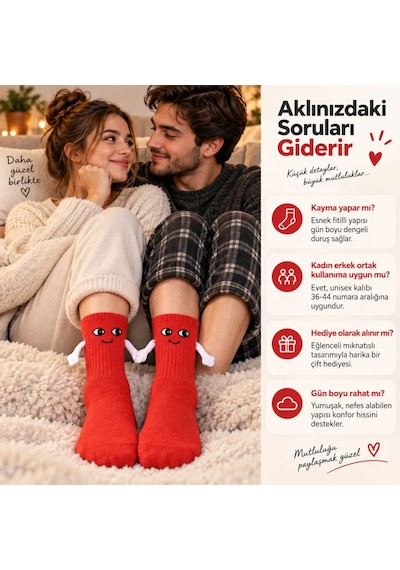 S'82 Mıknatıslı El Ele 2'li Unisex Tutuşan Sevimli Çorap 36-44 Çift Hediyesi, Pamuklu Renkli Crew Model beyaz