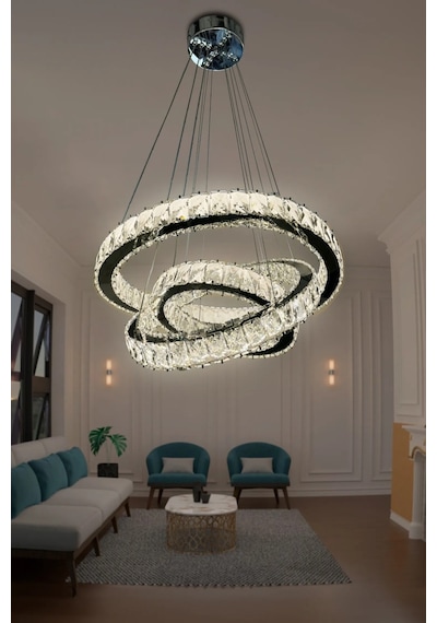G-light 3 Katlı Kristal Taşlı Modern Led Avize Renkli