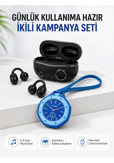 Kablosuz Kulaklık Mavi Çanta Aksesuar Saati Kampanyalı Müzik Ve Günlük Kullanım Seti Altın