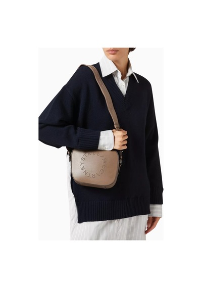 Stella Mccartney Studded Logo Gri Alter Mat Vegan Deri, Kamera Omuz Çantası