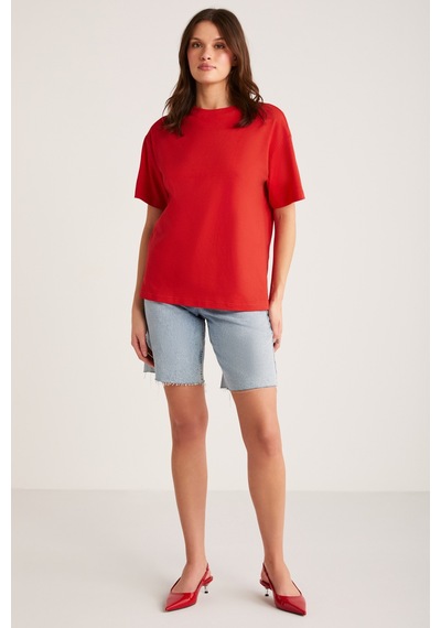 ETHIQUET AGERTHA Kadın %100 Organik Pamuklu Regular Fit Bisiklet Yaka Kısa Kollu Kırmızı T-shirt