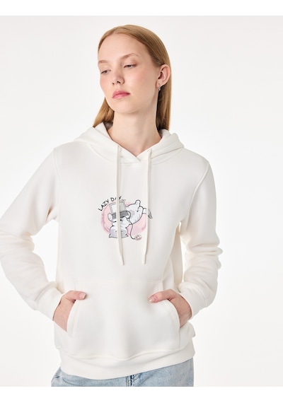 Koton Üç İplik Şardonlu Uzun Kollu Kanguru Cepli Kedi Baskılı Kapüşonlu Sweatshirt Ekru 7wal10054ık