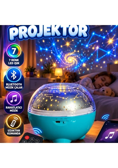 Çok Renkli Led Yıldız Projektör Gece Lambası Bluetooth Müzik Çalar, 7 Renk Ve Uzaktan Kumanda