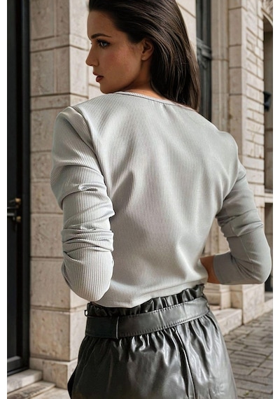 WeShaya Gri Crop, Fermuar Detaylı, Basic Bluz Gri