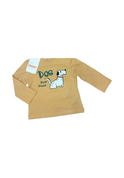 Çikoby Erkek Bebek Pamuklu Köpek Baskılı Yandan Çıtçıtlı Tshirt-13515-hardal Hardal