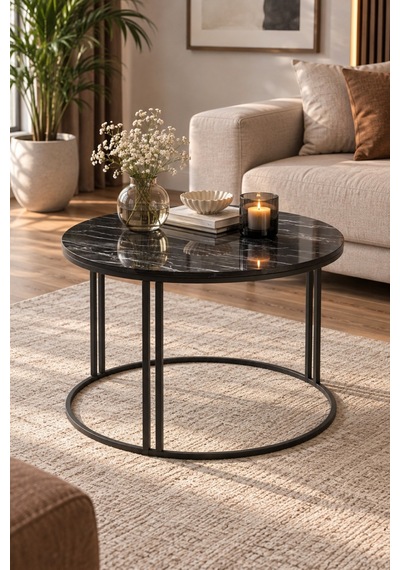 Sulorahome Siyah Orta Sehpa 70 Cm Çapında Yuvarlak Salon Sehpası
