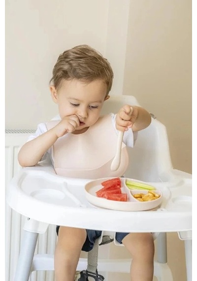 Krem Rengi 3 Lü Silikon Yemek Seti Önlük + Diş Kaşıyıcılı Kaşık + Vakumlu Tabak Renkli