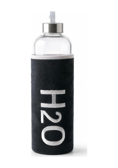 Deconox Peluş Kılıflı Cam Matara 1000 Ml, Siyah H2o Nakışlı Kılıf, Taşıma Askılı Metal Görünüml Şeffaf