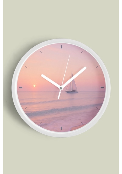 Soyut - Bohem - Doğa - Deniz Manzaralı Modern Duvar Saati - 35cm - Önü Camlı Beyaz Kasa-jh0821 Beyaz