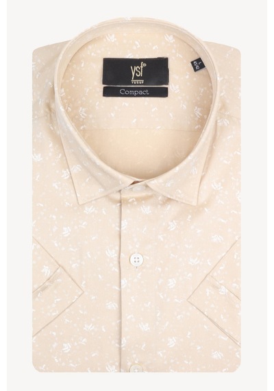 Erkek Bej Kısa Kol Desenli Slim Fit Gömlek