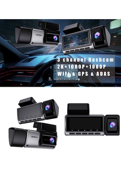 3 Kanallı Araç İçi Kamera Ön + Arka + İç Kamera 2k Uhd, Geniş Açı, Gece Görüşü, Döngü, Wifi Adas
