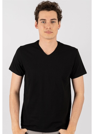 Tudors Slim Fit Dar Kesim V Yaka Düz Basıc Kısa Kol T-Shirt-16654 Siyah