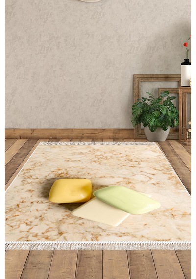Alanur Home Kaymaz Dijital Mutfak & Salon Halı Trend Saçaklı Mermer E5033 krem