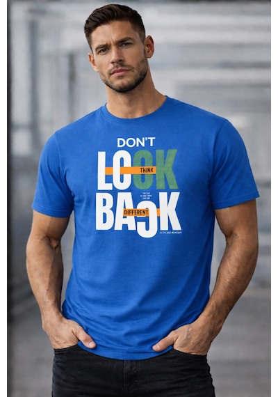 Herkesemoda Lock Back Yazı Detaylı Basic T-shirt Mavi
