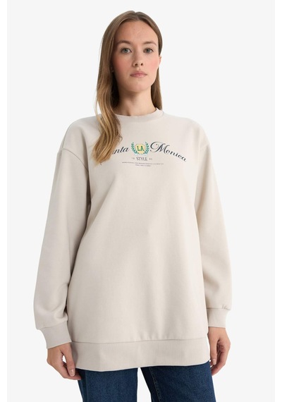 Defacto Regular Fıt Bisiklet Yaka Baskılı İçi Yumuşak Tüylü Sweatshirt Tunik F3088ax25wnbg186 Bej-bg186