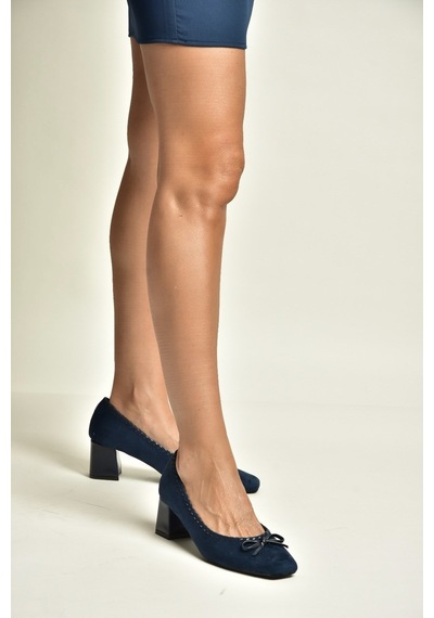 Fox Shoes Z820036602 Lacivert Süet Kalın Topuklu Kadın Ayakkabı