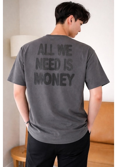 Tarz Cool Erkek Oversize Tişört Baskılı All We Need Is Money Yazılı Basic Streetwear T-shirt Gri