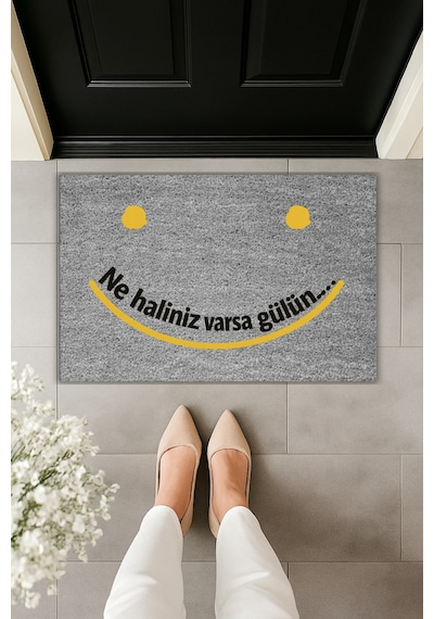 Rugmood Modern Dijital Baskı - Ne Haliniz Varsa Gülün : - Kapı Önü Paspası Gri