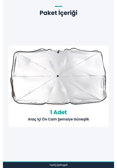Araç İçi Ön Cam Şemsiye Güneşlik - 140x75 Cm Gümüş