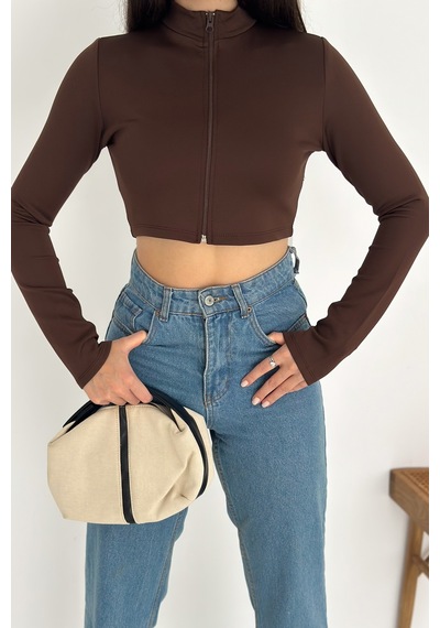 Kadın Fermuarlı Crop Ceket Dinamik & Modern Stil Kahverengi