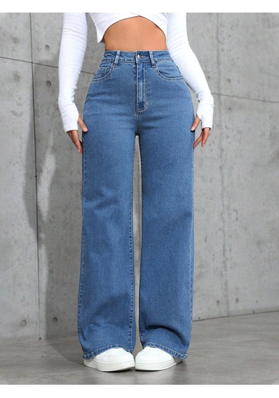 Orta Mavi Palazzo Pantolon Wide Leg Yüksek Bel Denim Jeans Orta Mavi