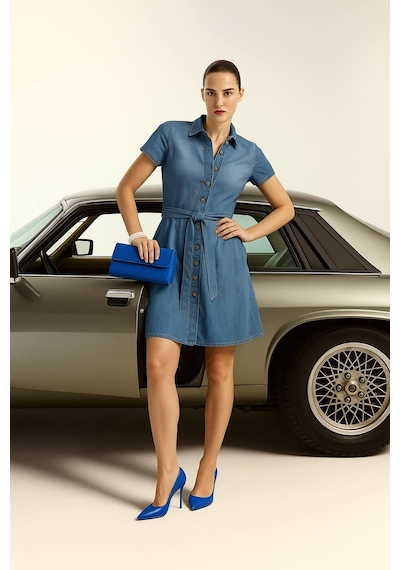 Blue White Kemer Detaylı Düğmeli Jean Elbise Lacivert 2xl