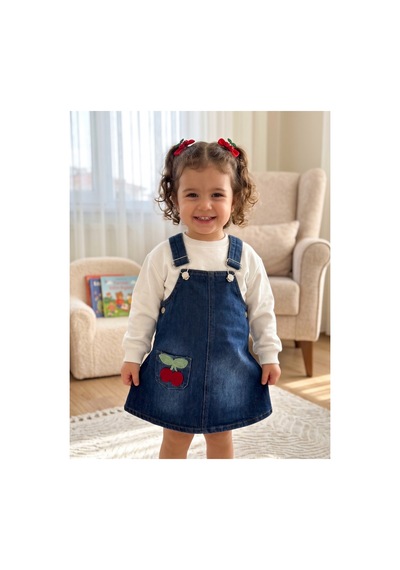 Deniva Kids Kız Bebek Kiraz Nakışlı Kot Salopet Elbise Ve Sweatshirt 2'li Takım Mavi