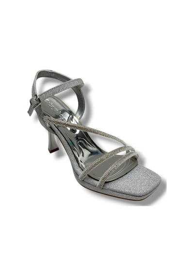 Erbay 688-26 Parlak Simli Saten 3 Bant Orta Topuk Kadın Sandalet 10cm Gümüş