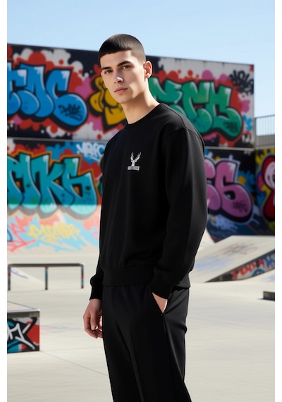 Benerly Erkek Bisiklet Yaka Düşük Kol Uzun Kol Sweatshirt Fonksiyonel Day siyah