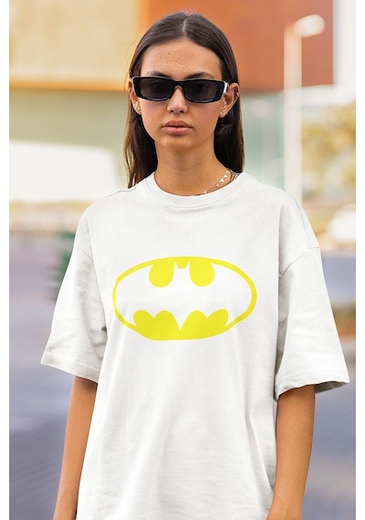 The Batman Kahraman Karakter Baskılı Unisex Oversize Tişört Beyaz