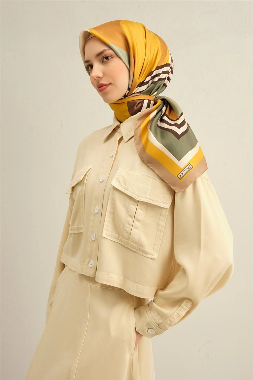 Armine Geometrik Desenli Saf İpek Twill Eşarp 9313d 31 Sarı