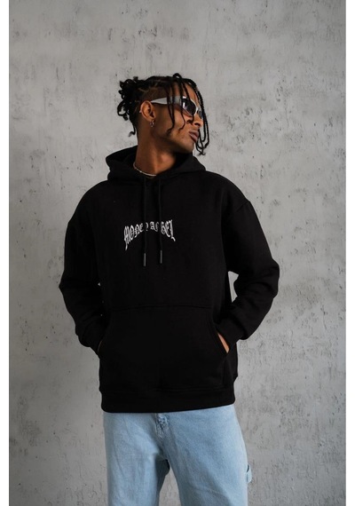 Erkek 3 İplik Pamuklu Baskılı Kapüşonlu Cepli Sweatshirt Hoodie - Siyah
