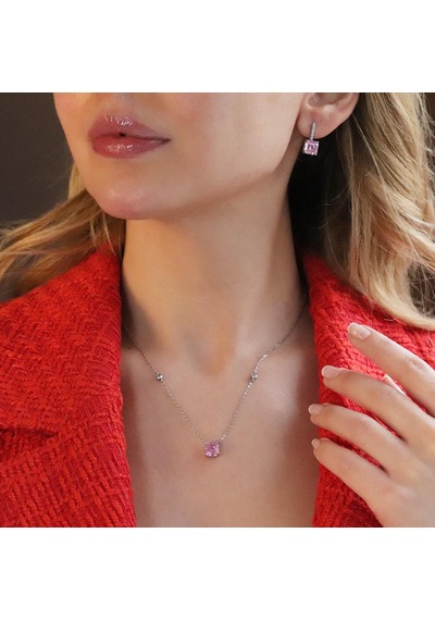 Pembe Zirkon Taşlı Prenses Kesim Gümüş Set Gümüş