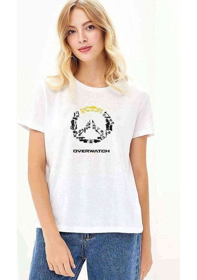 Overwatch Logo Tipografi Baskılı Beyaz Kadın Tshirt