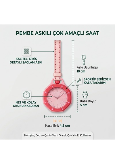 Piyatech Renkli Detaylı Askılı Cep Saati Hemşire Saati Çanta Ve Pantolon Aksesuarı Anahtarlık Unisex Sekizgen Saat Pembe